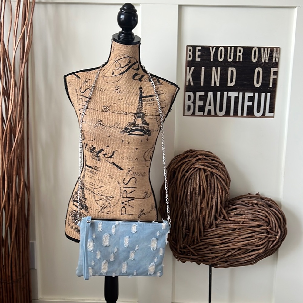 Adorable Light Blue Distressed Denim Shoulder Bag/Wristlet
